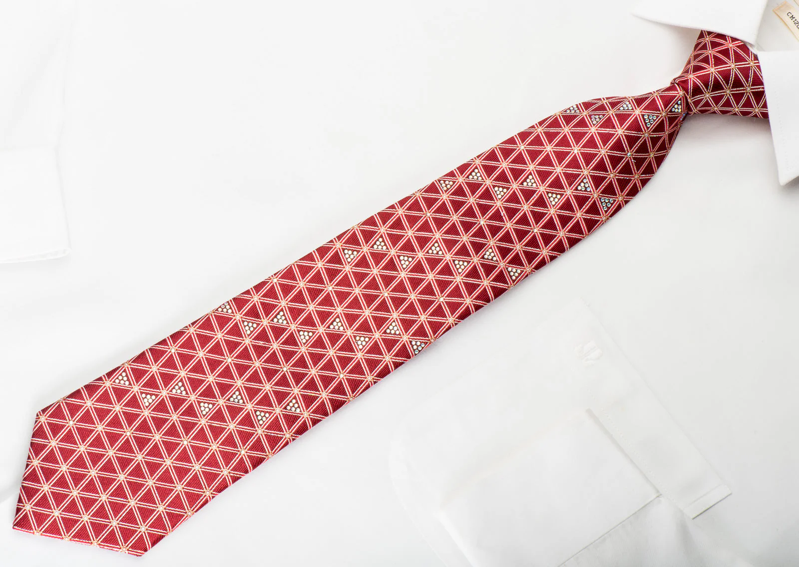 TLS Rhinestone Silk Necktie Trellis On Red With Silver Sparkles - Image 4