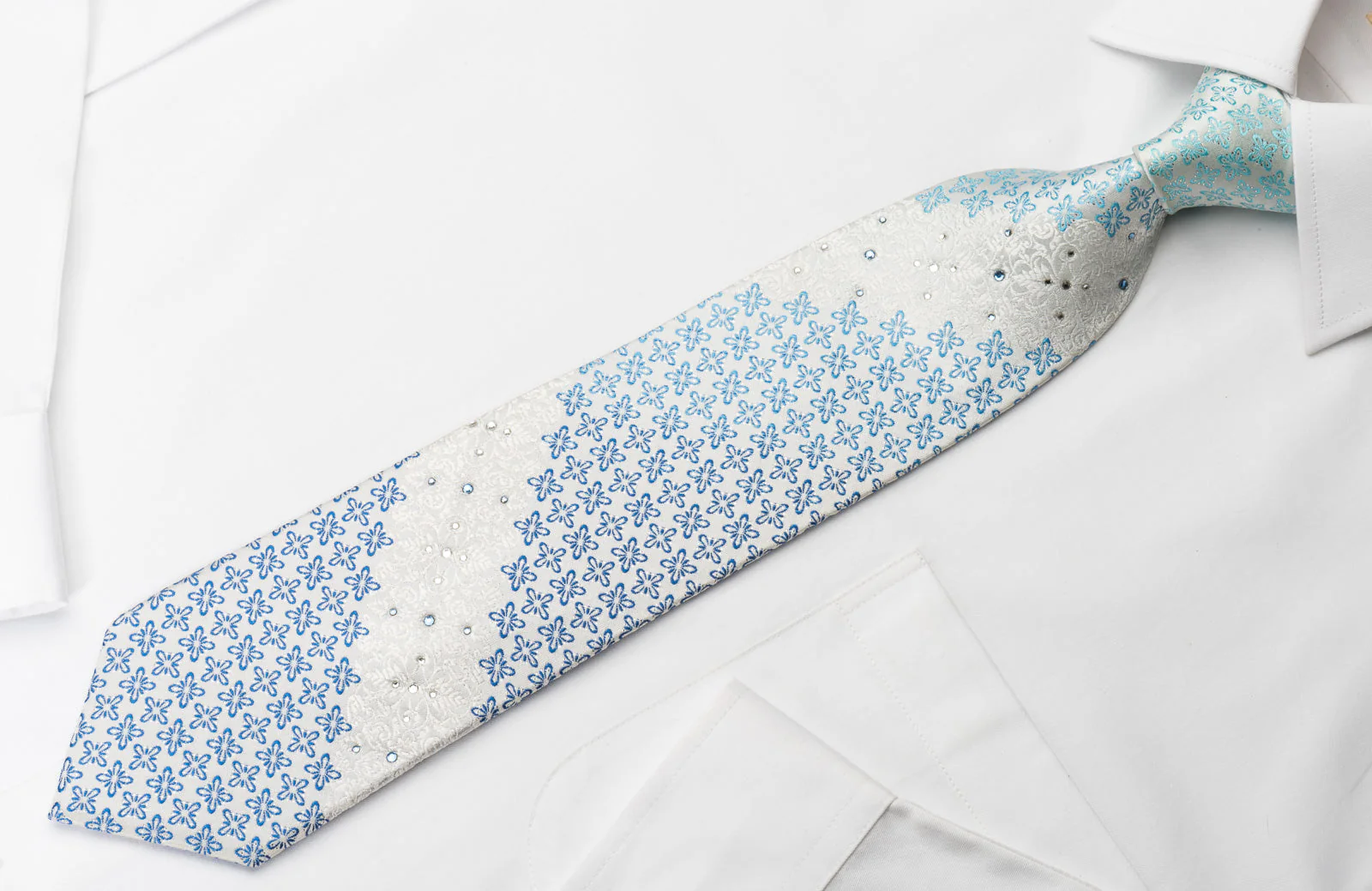 Town Gent Rhinestone Necktie Blue Foulard On White With Silver Sparkles - Image 4
