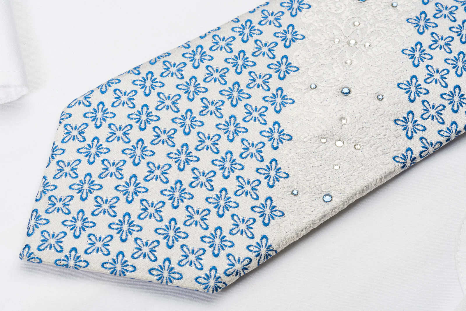 Town Gent Rhinestone Necktie Blue Foulard On White With Silver Sparkles - Image 6