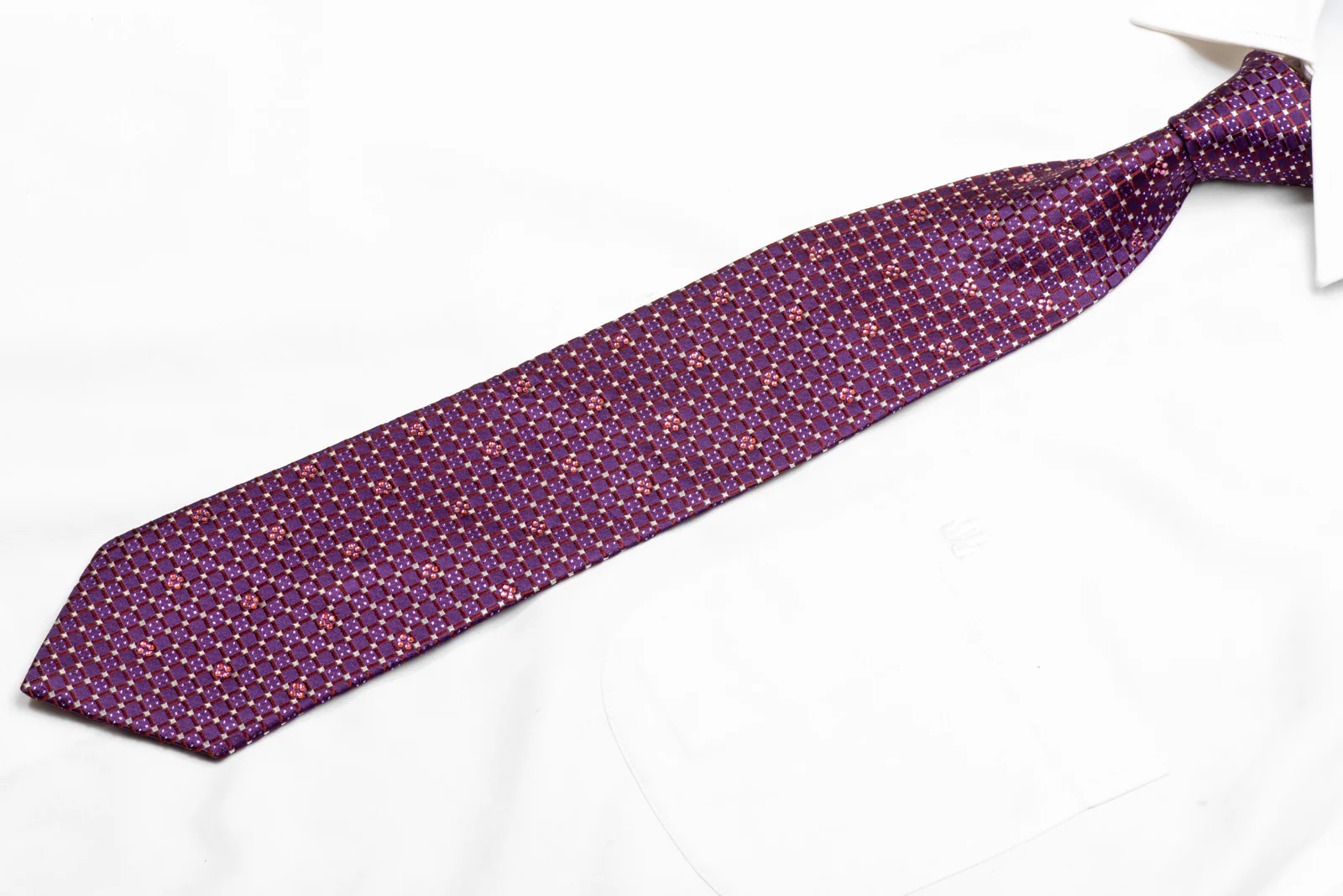 Trellis & Silver Micro Squares On Purple Rhinestone Silk Necktie With Purple Sparkles - Image 3