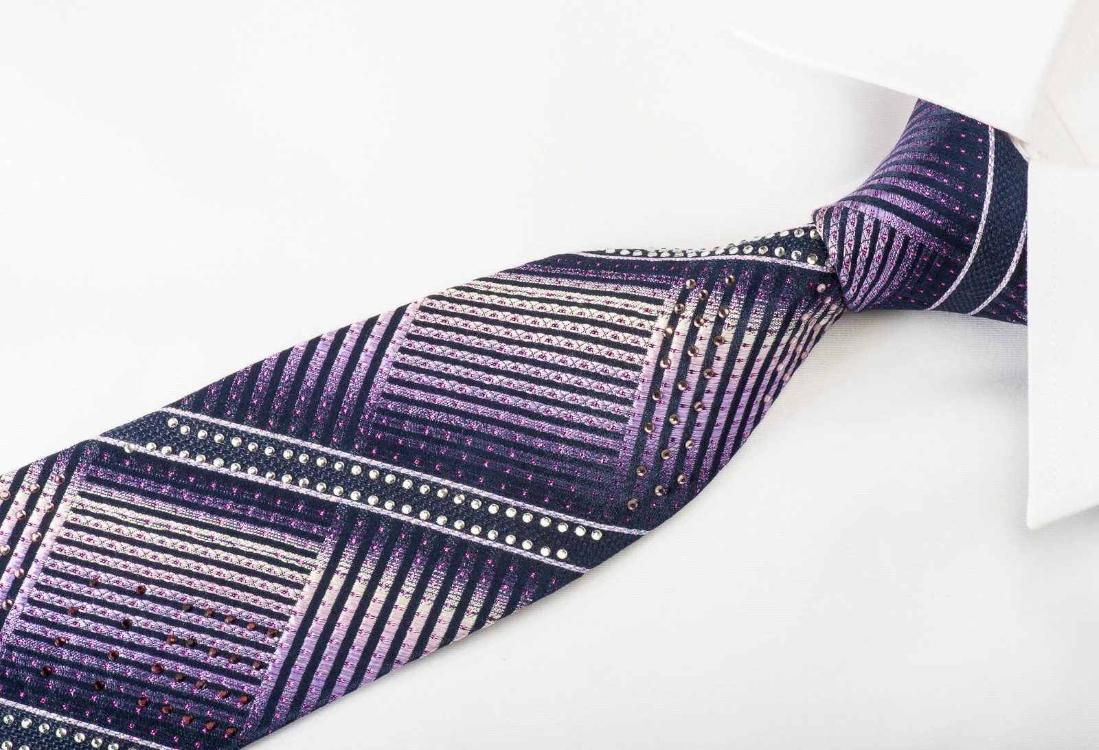 Tremolo Men's Silk Necktie Striped On Purple Sparkling With Rhinestones - Image 3