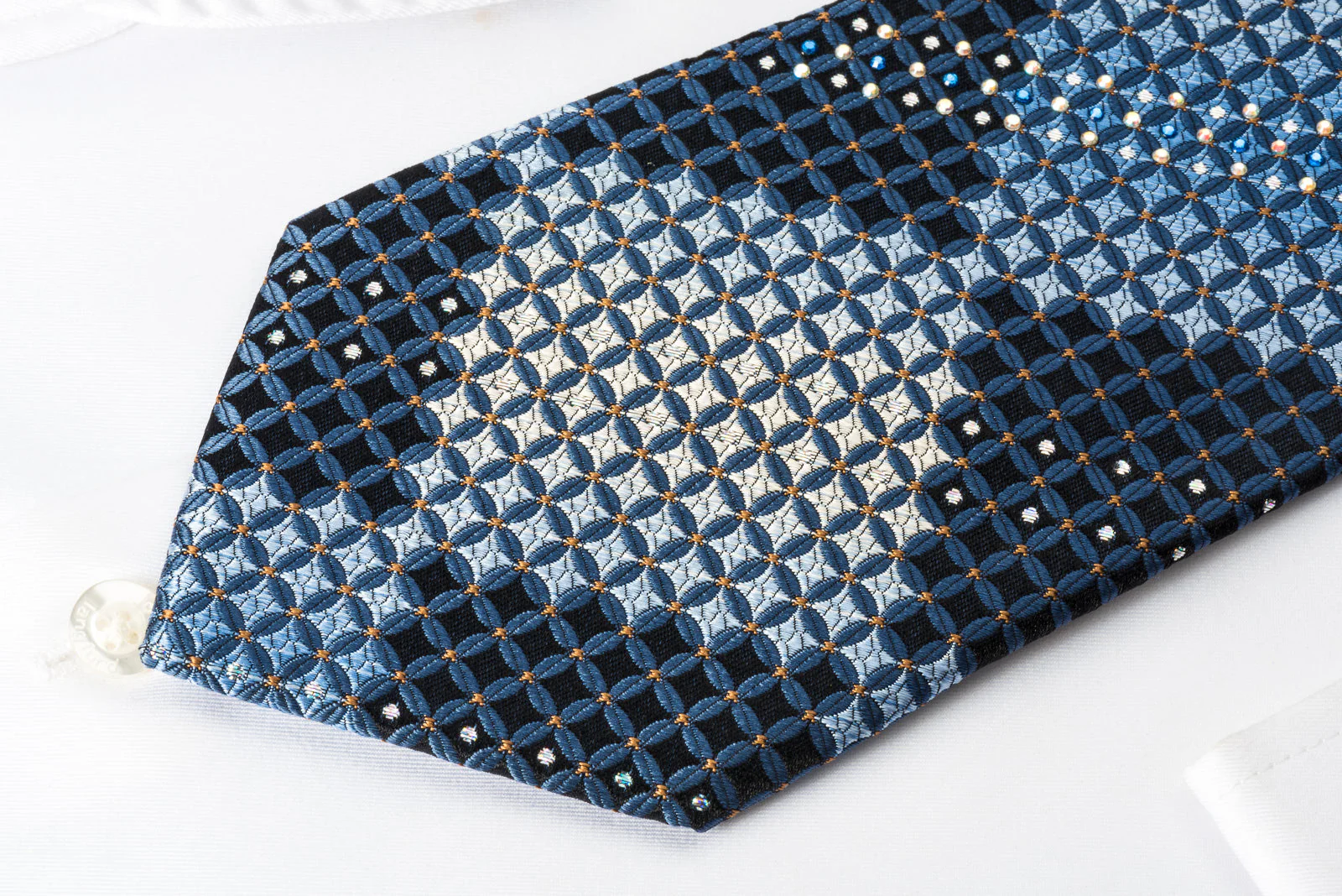 TSL Rhinestone Silk Necktie Geometric On Blue With Silver Sparkles - Image 3