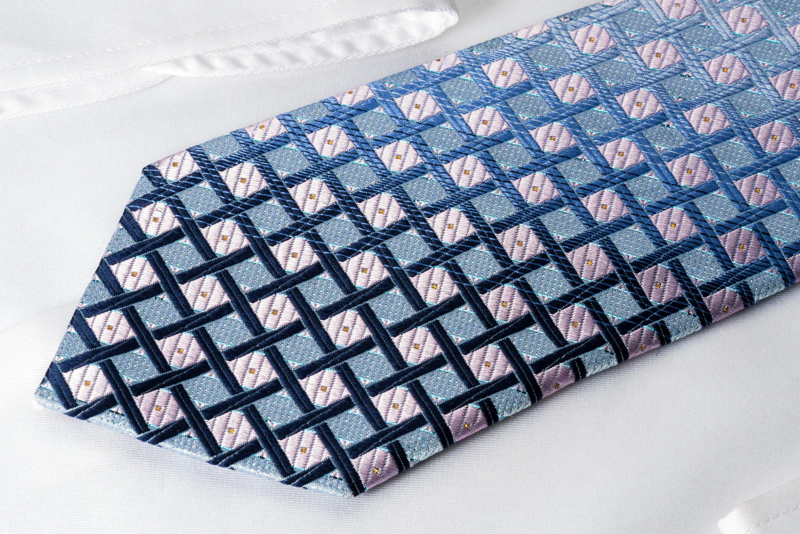 TSL Rhinestone Silk Tie Pink Checker On Blue With Silver Sparkles - Image 6