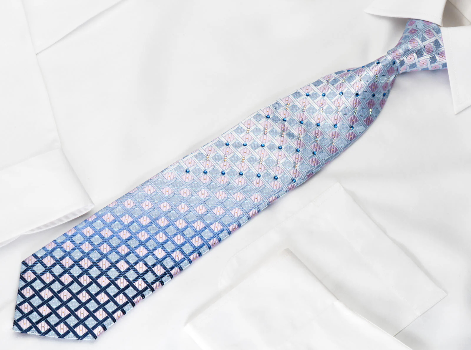 TSL Rhinestone Silk Tie Pink Checker On Blue With Silver Sparkles - Image 8