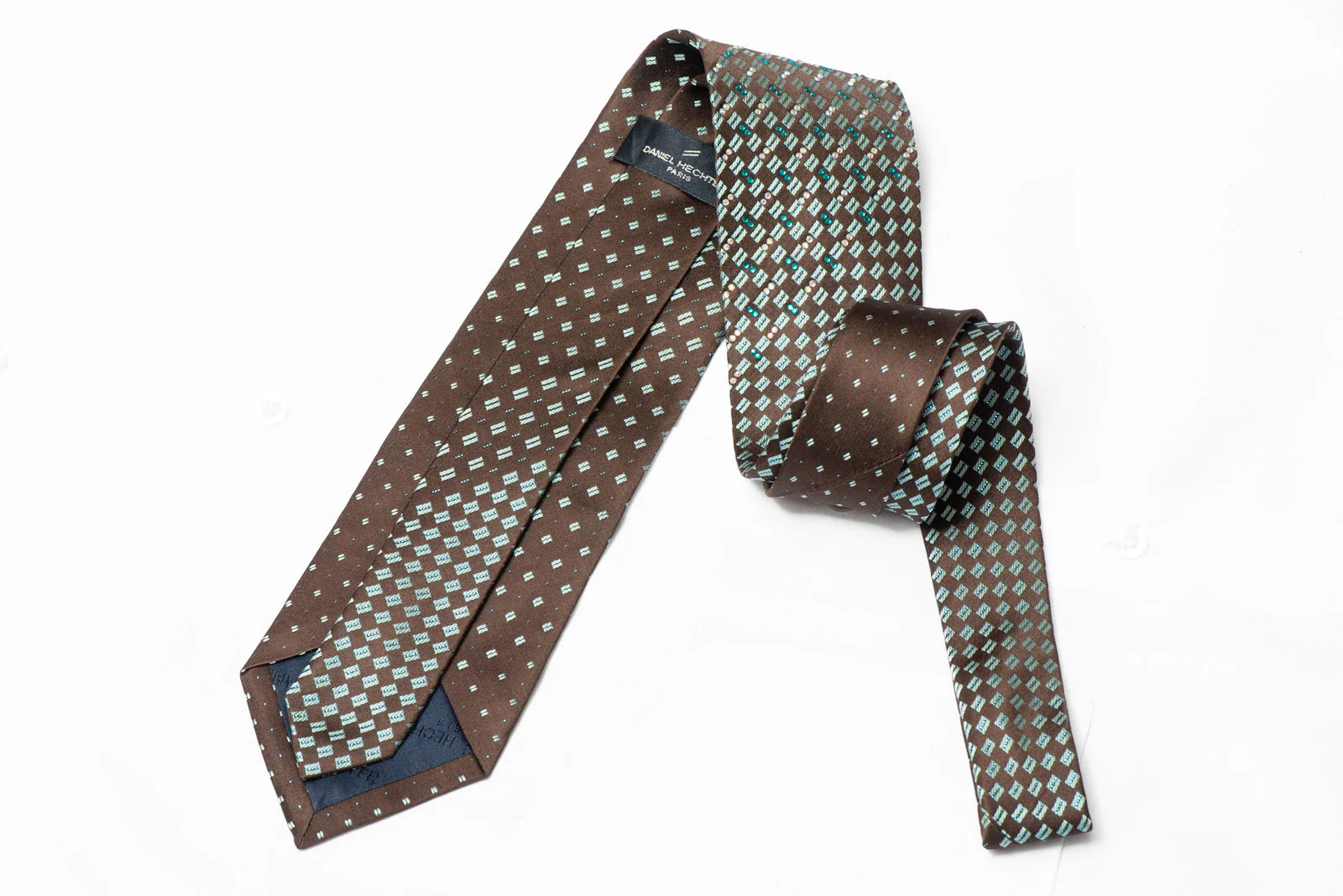 Turquoise Geometric On Brown Rhinestone Silk Tie With Silver Sparkles - Image 3