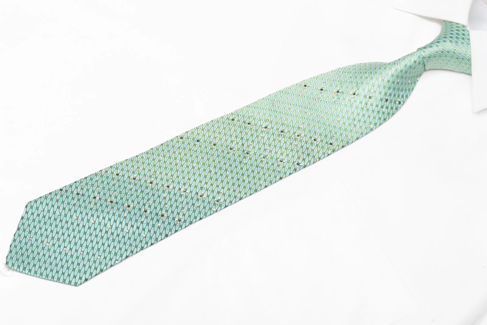 Turquoise Green Geometric Rhinestone Silk Necktie With Turquoise Sparkles - Image 2