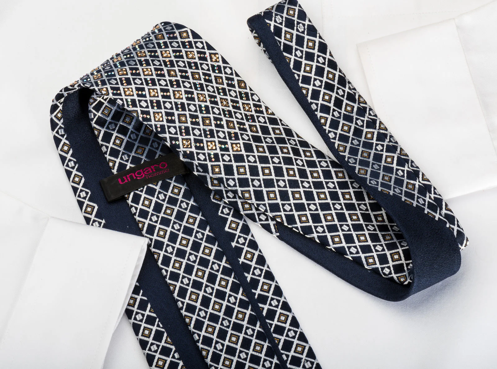 Ungaro Bling Rhinestone Necktie Silver Trellis On Navy With Silver Sparkles - Image 4