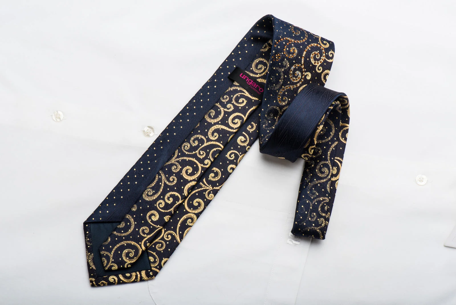 Ungaro Mens Crystal Tie Golden Scrolls On Black Silk With Gold Sparkles - Image 5