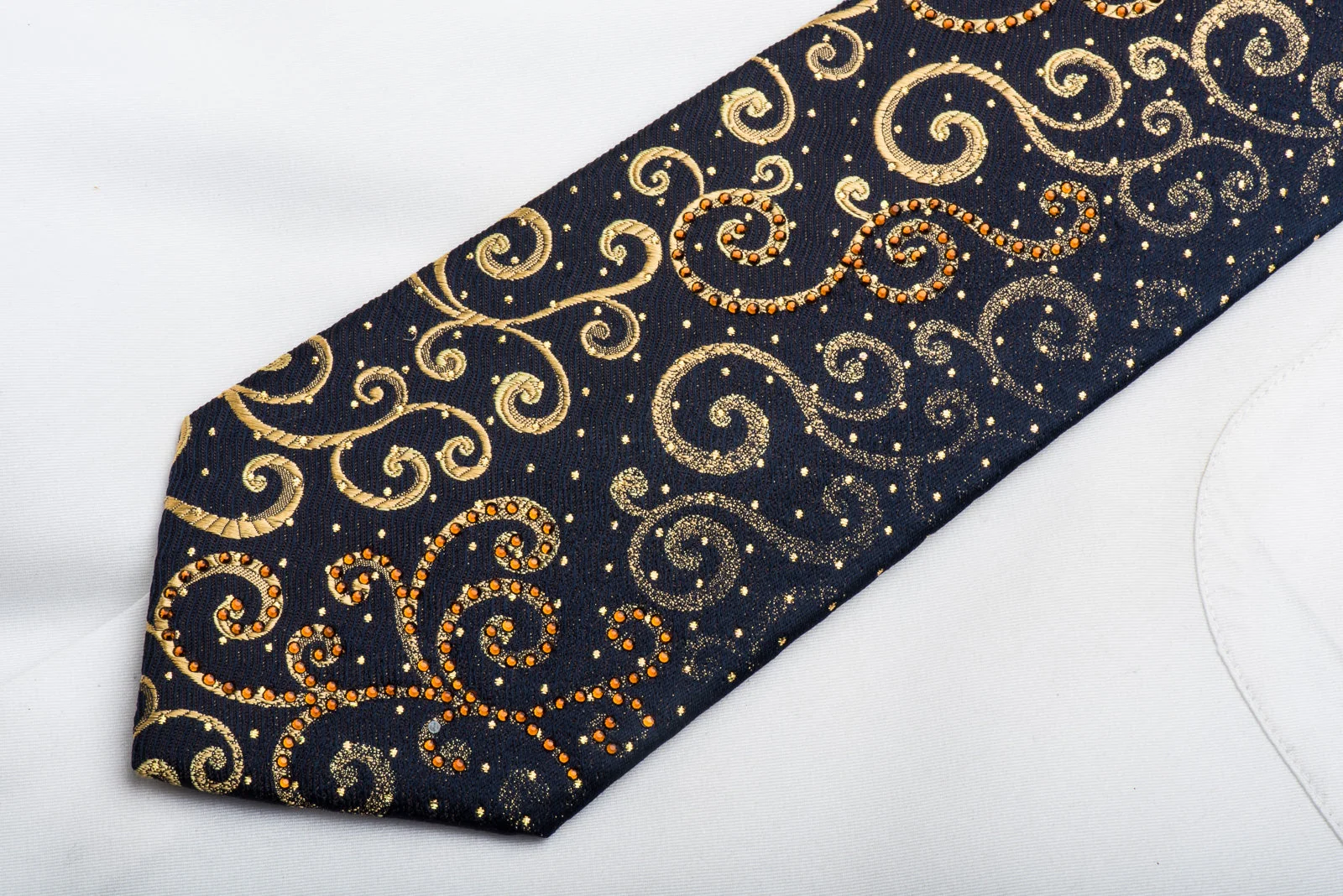 Ungaro Mens Crystal Tie Golden Scrolls On Black Silk With Gold Sparkles - Image 6