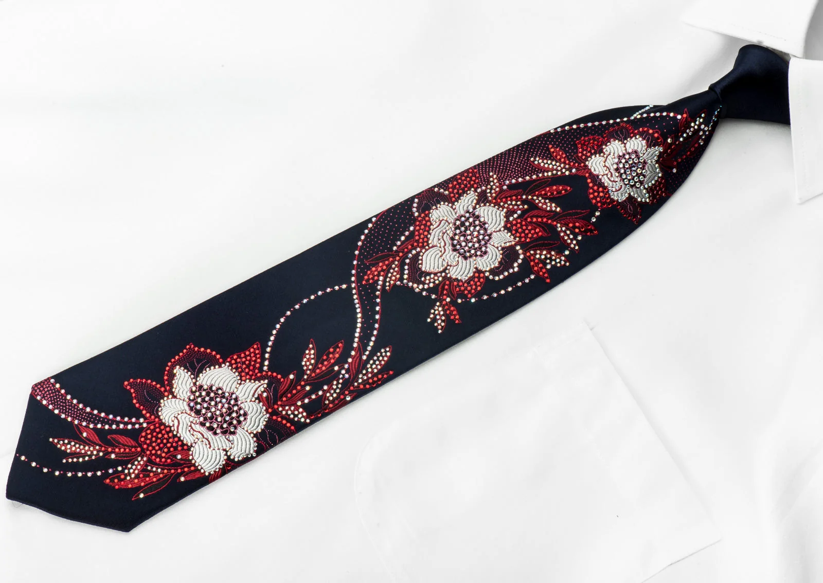 Ungaro Men's Crystal Rhinestone Tie Floral On Navy Silk With Red Sparkles - Image 5