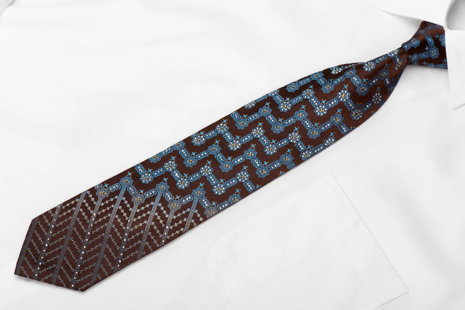 Ungaro Men's Crystal Silk Necktie Blue Geometric On Brown With Gold Sparkles - Image 2
