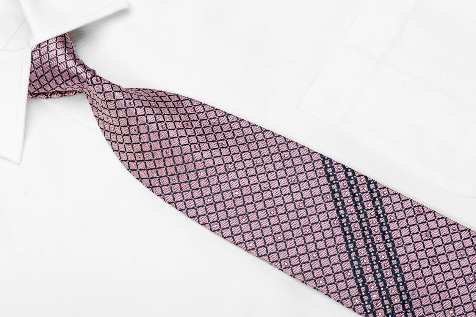 Ungaro Men's Crystal Silk Necktie Navy Trellis On Pink With Silver Sparkles - Image 2