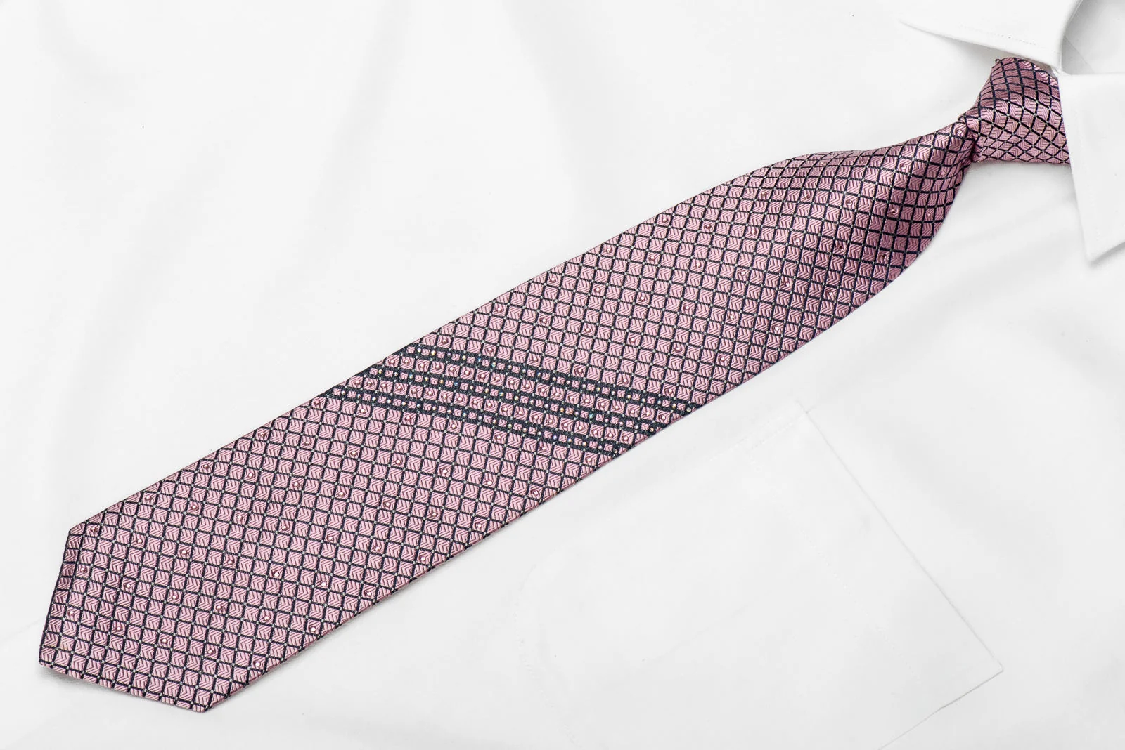 Ungaro Men's Crystal Silk Necktie Navy Trellis On Pink With Silver Sparkles - Image 3