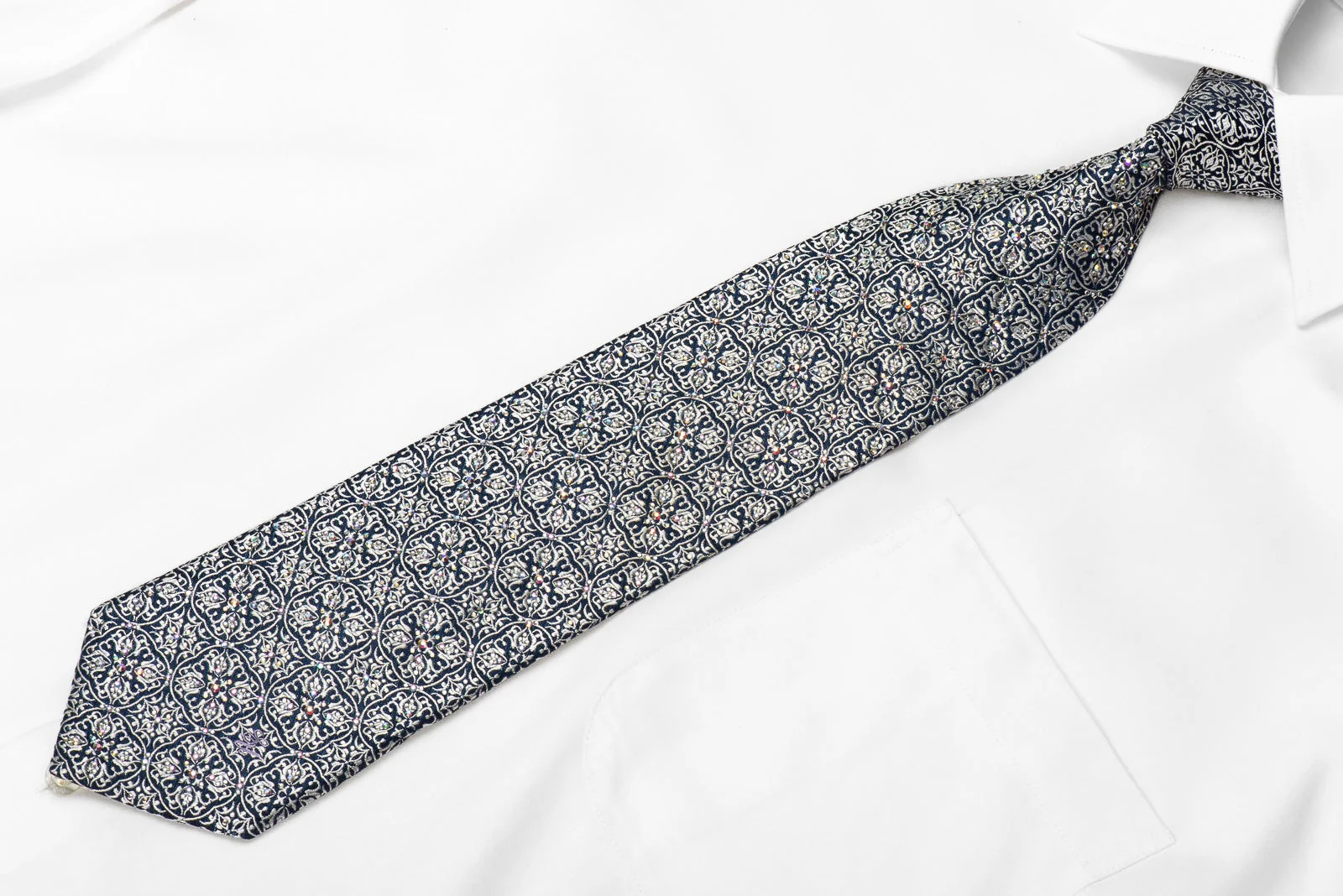 Ungaro Men's Crystal Silk Tie Silver Cartouche On Navy Sparkling With Rhinestones - Image 2