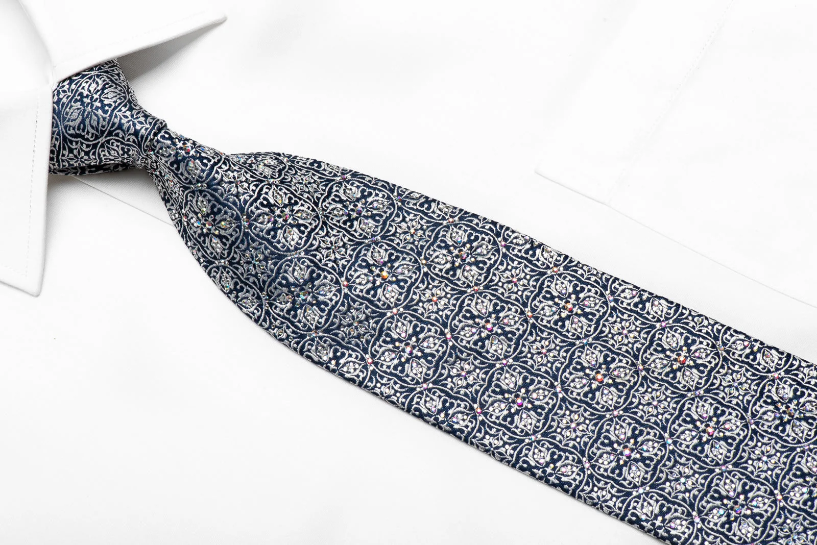 Ungaro Men's Crystal Silk Tie Silver Cartouche On Navy Sparkling With Rhinestones - Image 3