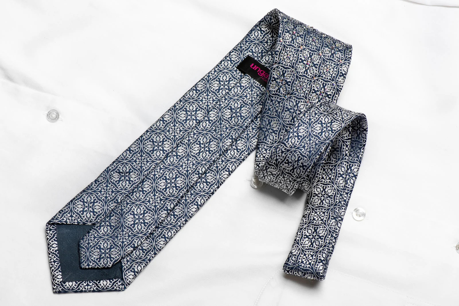 Ungaro Men's Crystal Silk Tie Silver Cartouche On Navy Sparkling With Rhinestones - Image 4