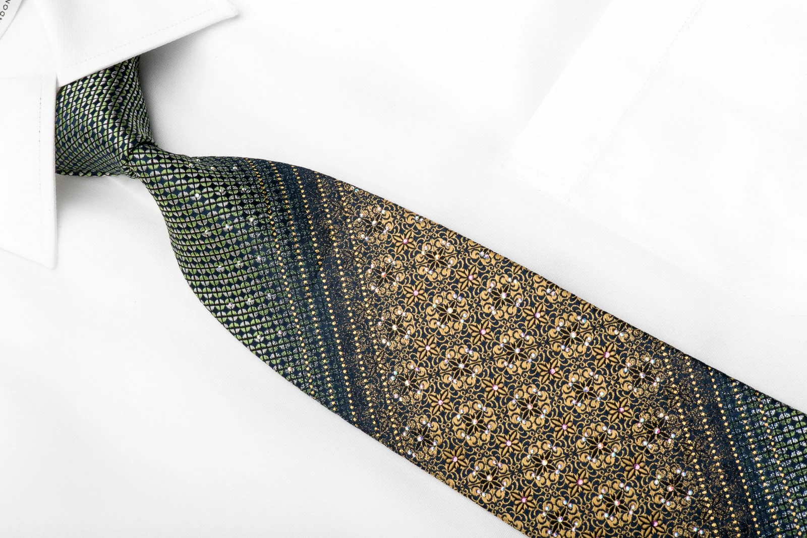 Ungaro Men's Crystal Tie Gold Mandala Green Geometric On Navy With Gold Sparkles - Image 2