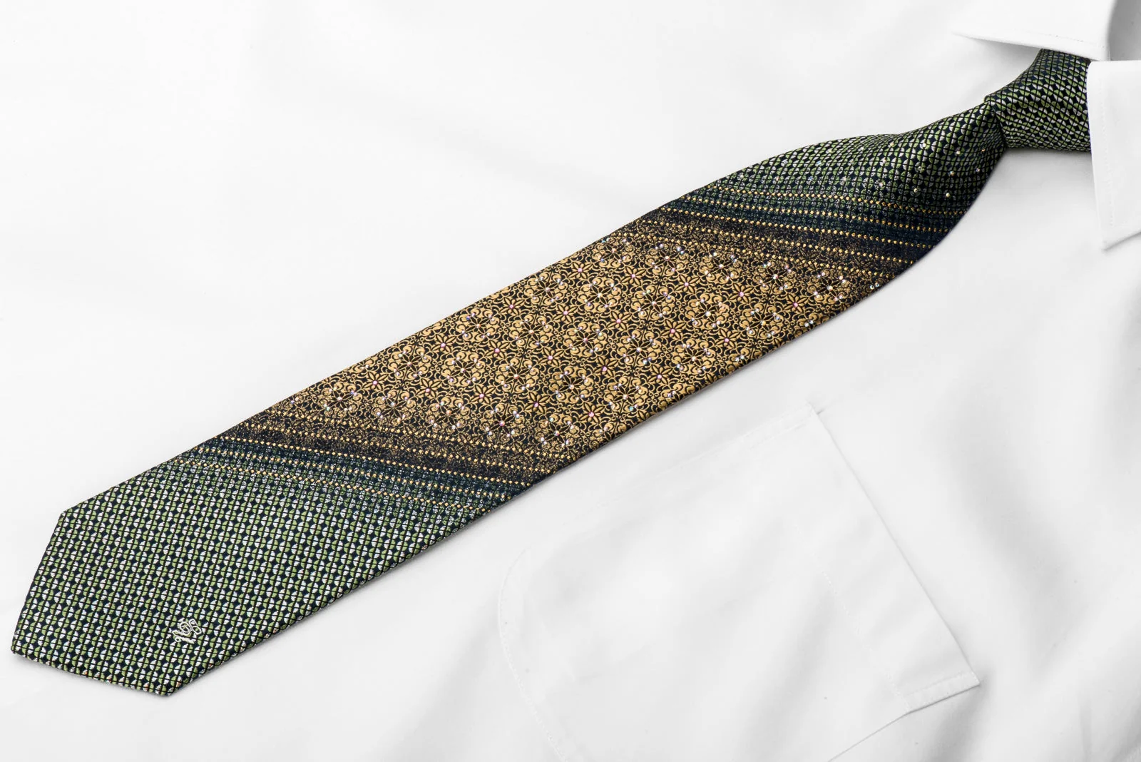 Ungaro Men's Crystal Tie Gold Mandala Green Geometric On Navy With Gold Sparkles - Image 3