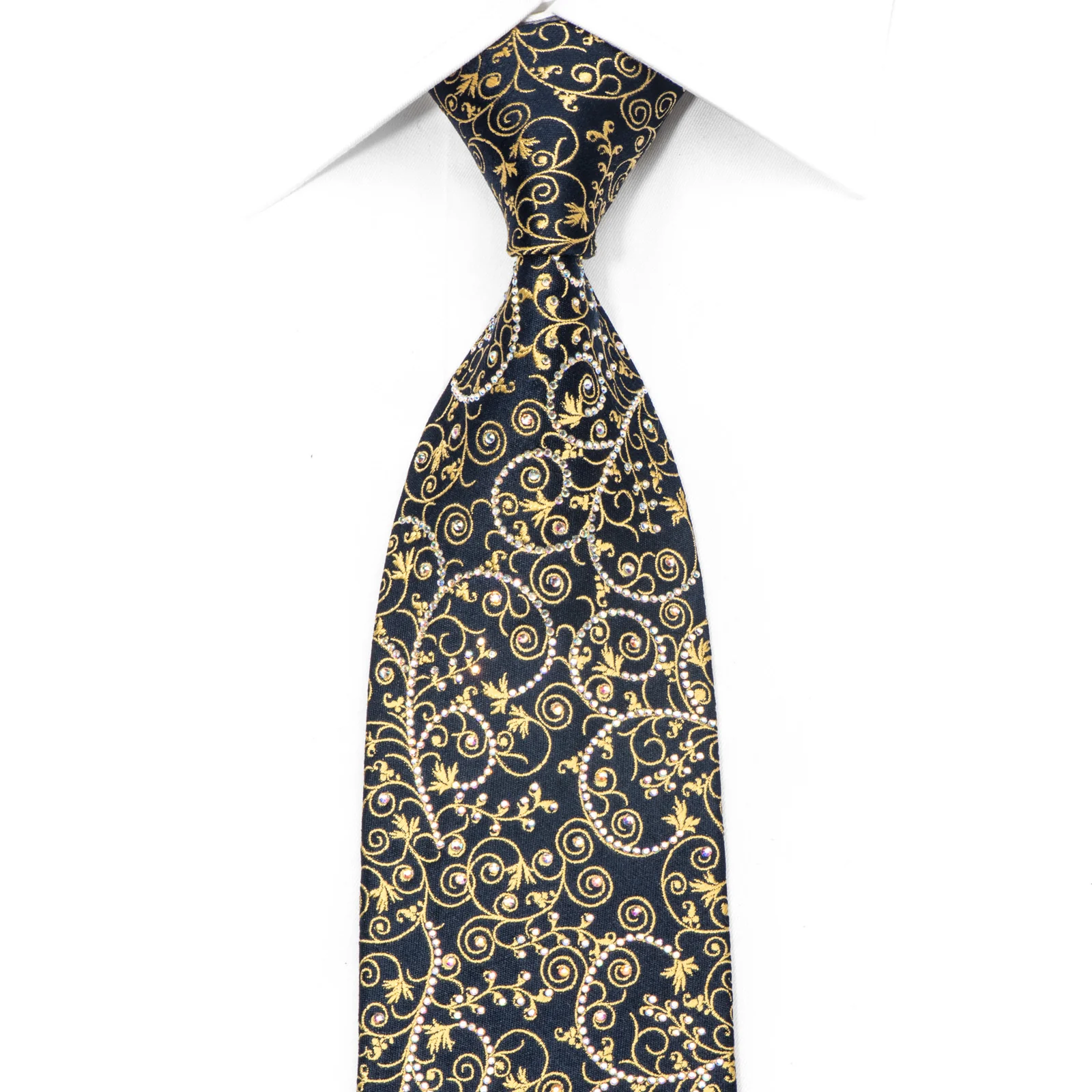 Ungaro Men's Rhinestone Silk Necktie Golden Filigree On Navy With Golden Sparkles