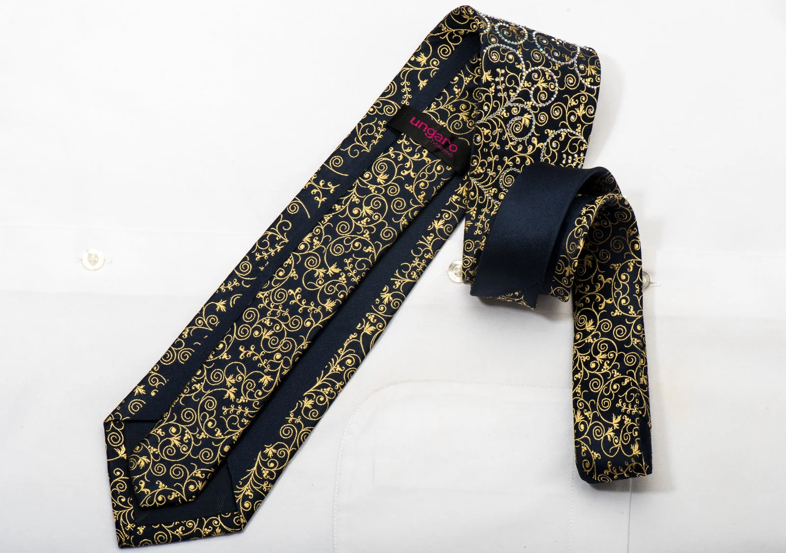 Ungaro Men's Rhinestone Silk Necktie Golden Filigree On Navy With Golden Sparkles - Image 5