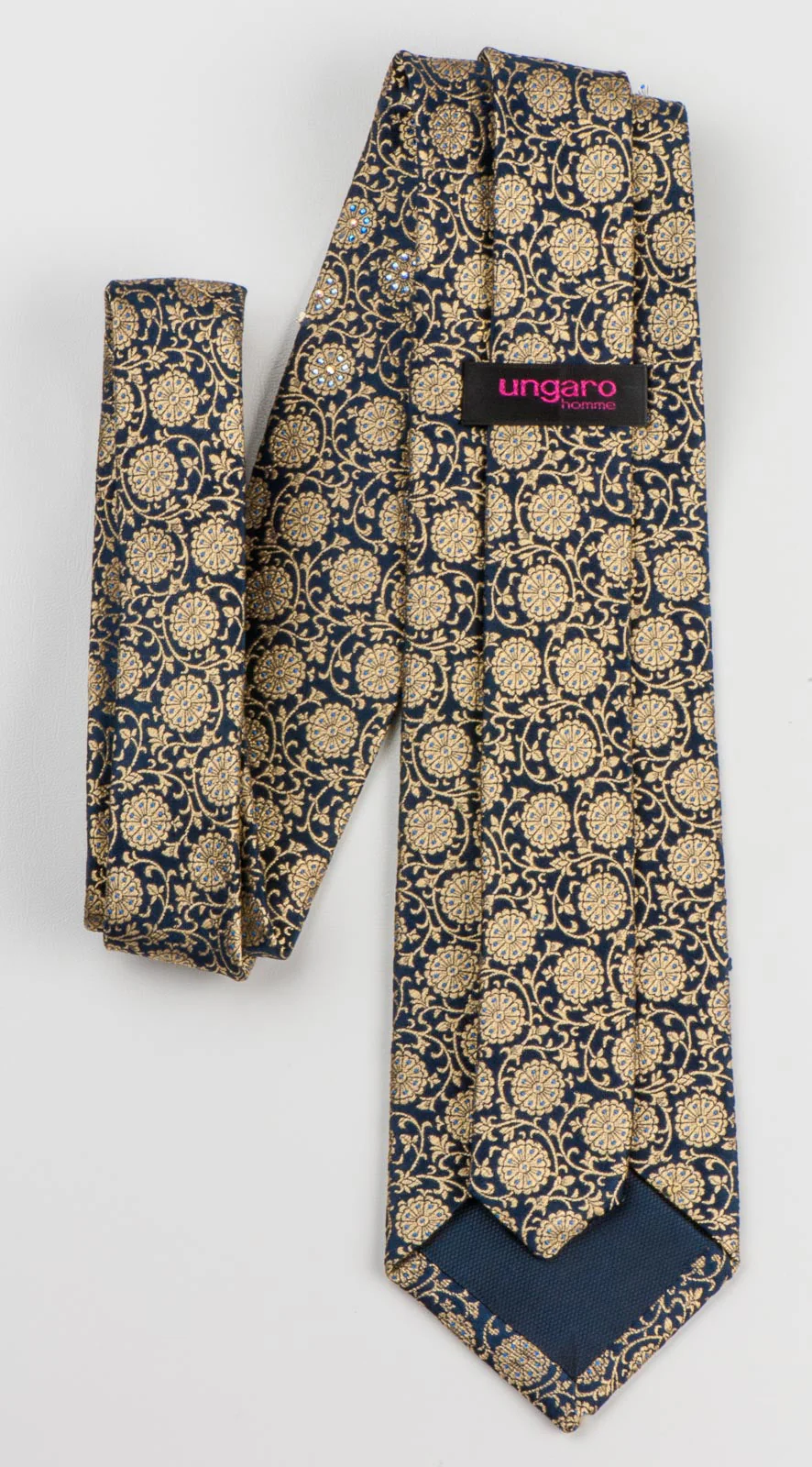 Ungaro Men's Woven Silk Rhinestone Necktie Bronze Floral On Navy Blue - Image 2