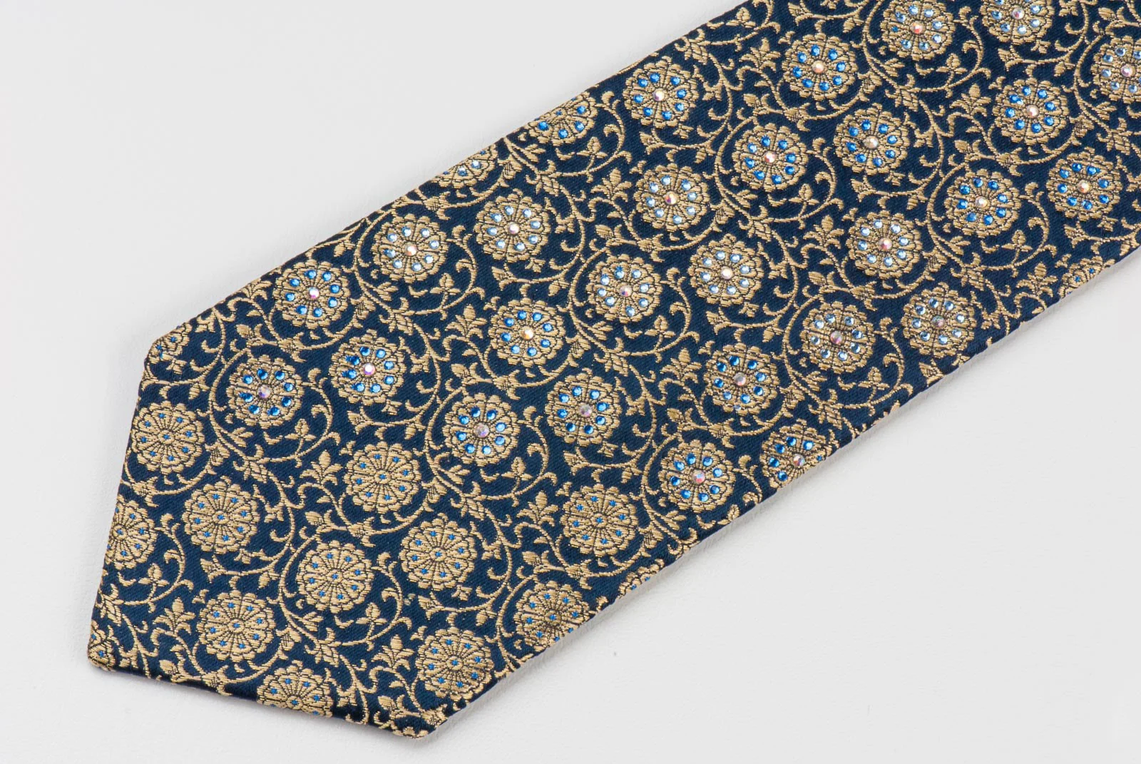 Ungaro Men's Woven Silk Rhinestone Necktie Bronze Floral On Navy Blue - Image 4