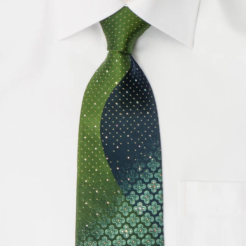 Ungaro Men's Woven Silk Rhinestone Tie Green Foulard Floral Design On Blue With Silver Sparkles - Image 2