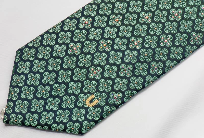 Ungaro Men's Woven Silk Rhinestone Tie Green Foulard Floral Design On Blue With Silver Sparkles - Image 4