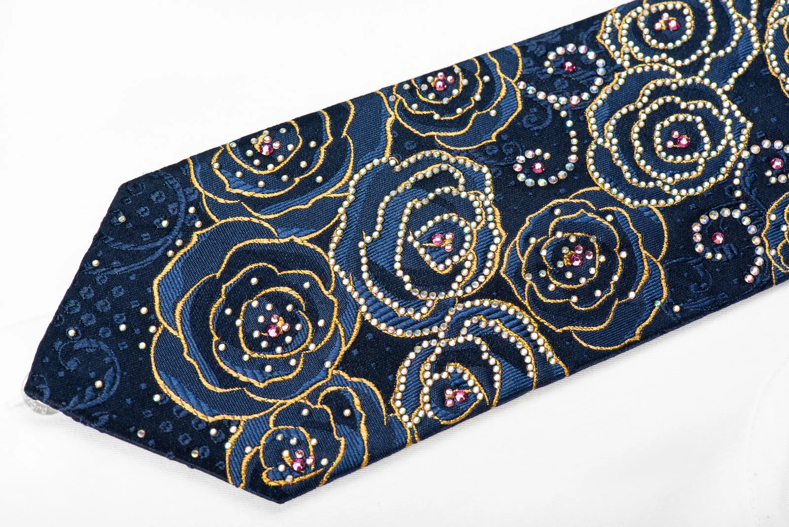 Ungaro Mens Crystal Silk Tie Blue Gold Roses Floral On Navy With Gold Sparkles - Image 2