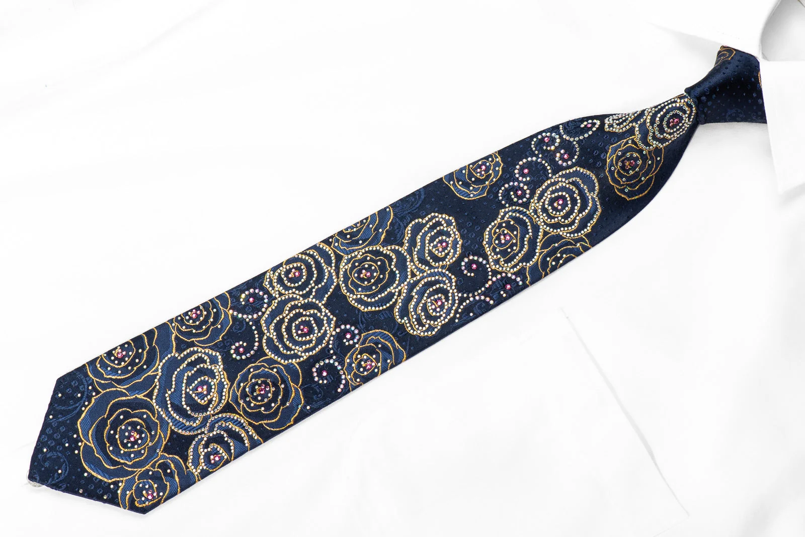 Ungaro Mens Crystal Silk Tie Blue Gold Roses Floral On Navy With Gold Sparkles - Image 4