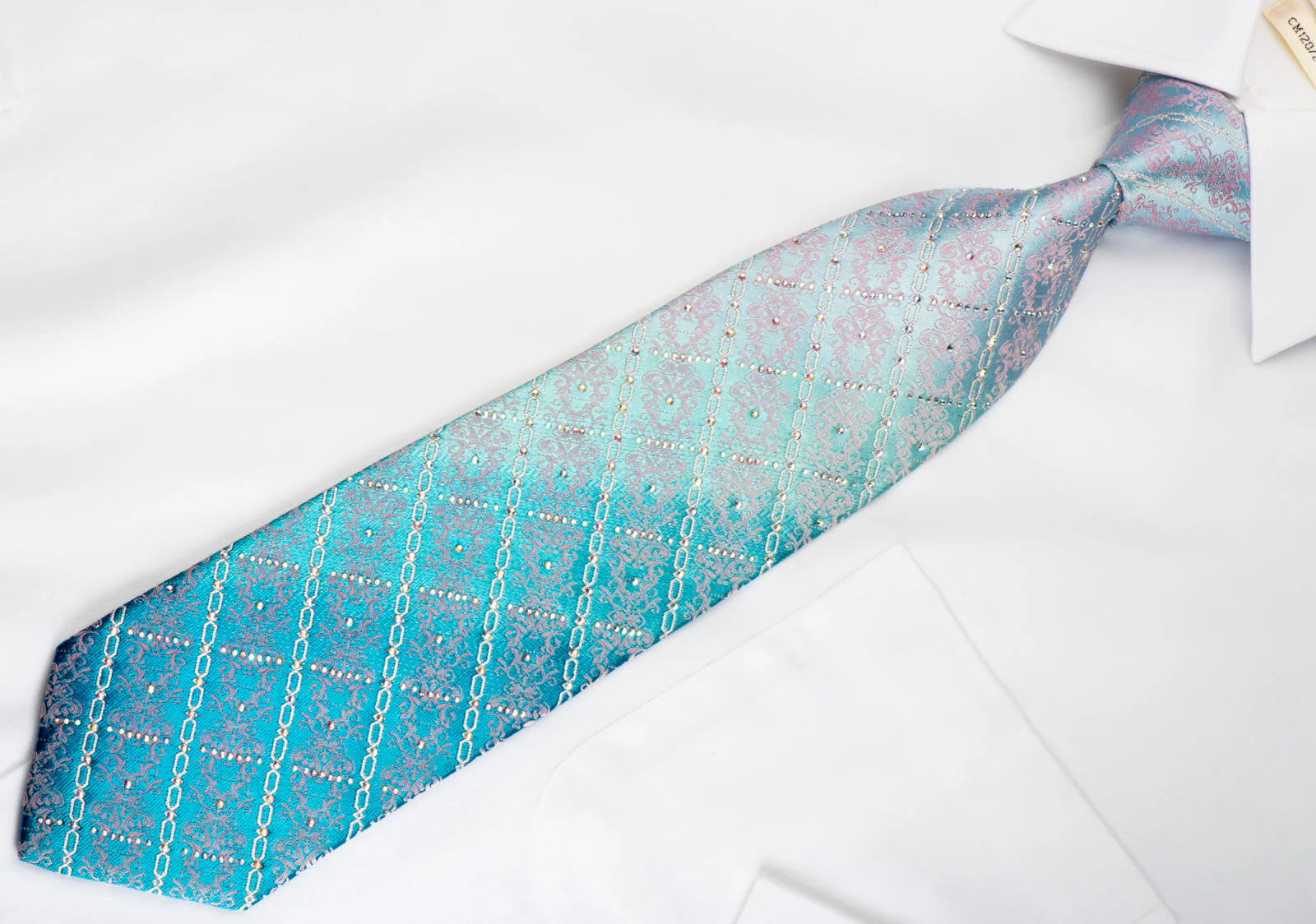Ungaro Rhinestone Necktie Damask & Silver Chains On Turquoise With Sparkles - Image 3