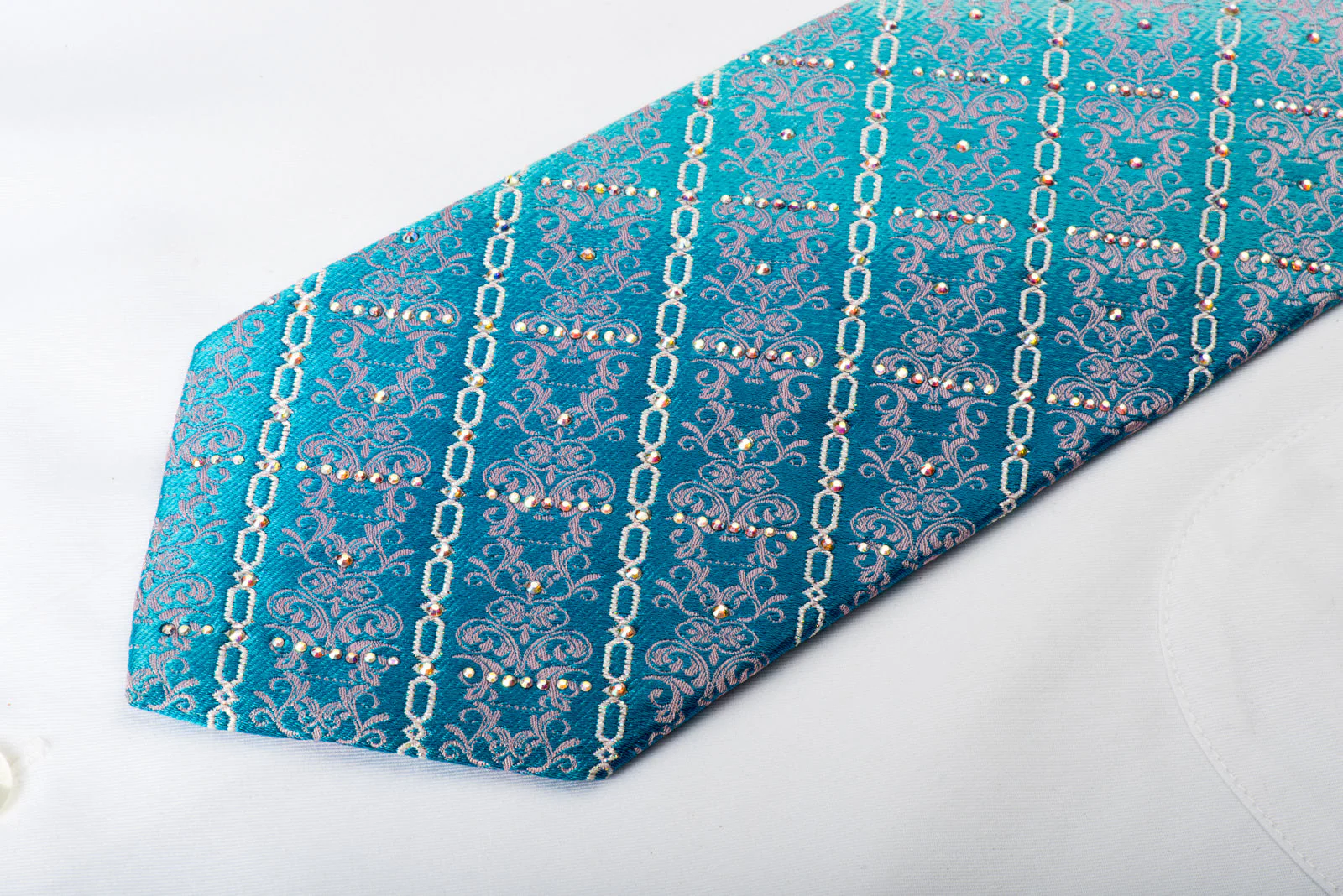 Ungaro Rhinestone Necktie Damask & Silver Chains On Turquoise With Sparkles - Image 6