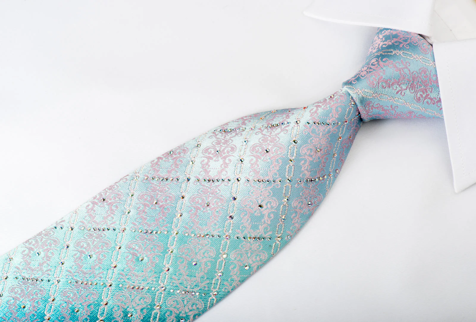 Ungaro Rhinestone Necktie Damask & Silver Chains On Turquoise With Sparkles - Image 7