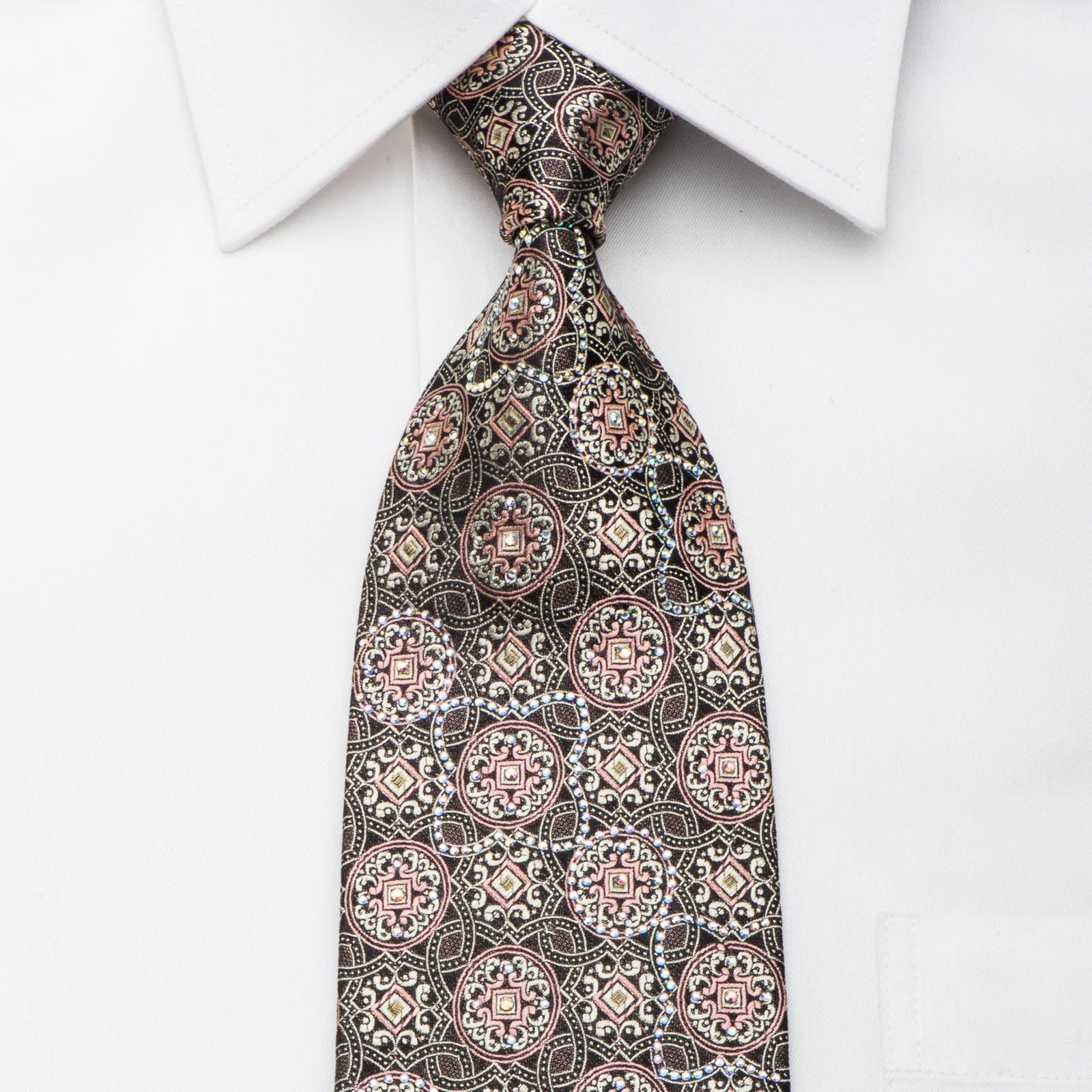 Ungaro Mens Rhinestone Necktie Silver Cartouche On Black Silk