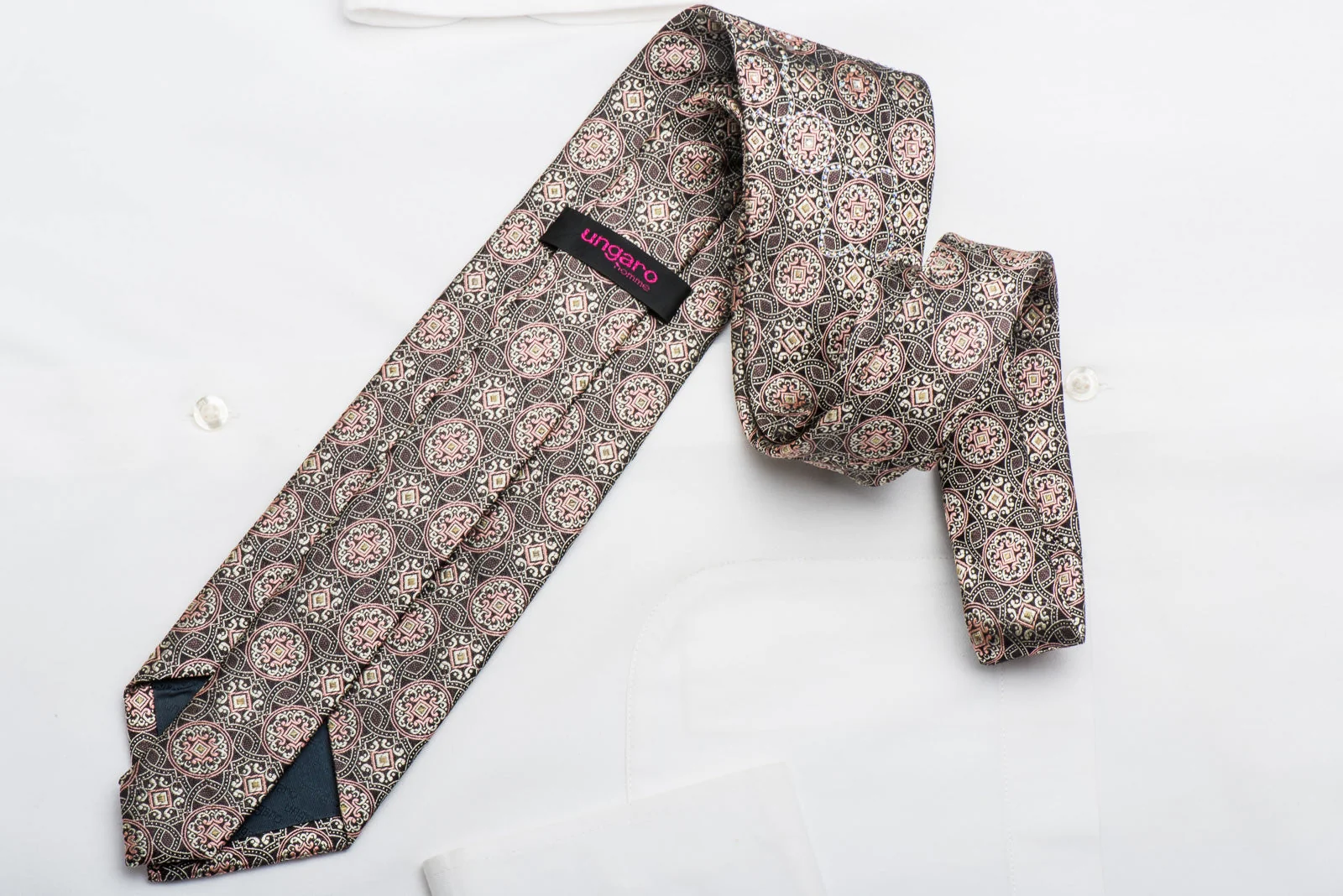 Ungaro Mens Rhinestone Necktie Silver Cartouche On Black Silk - Image 5