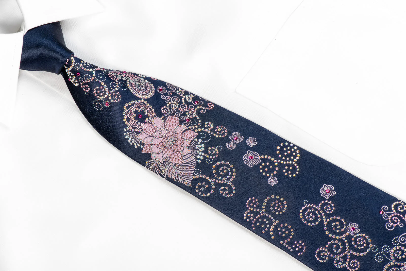 Ungaro Rhinestone Neckties Pink Floral On Navy - Image 2