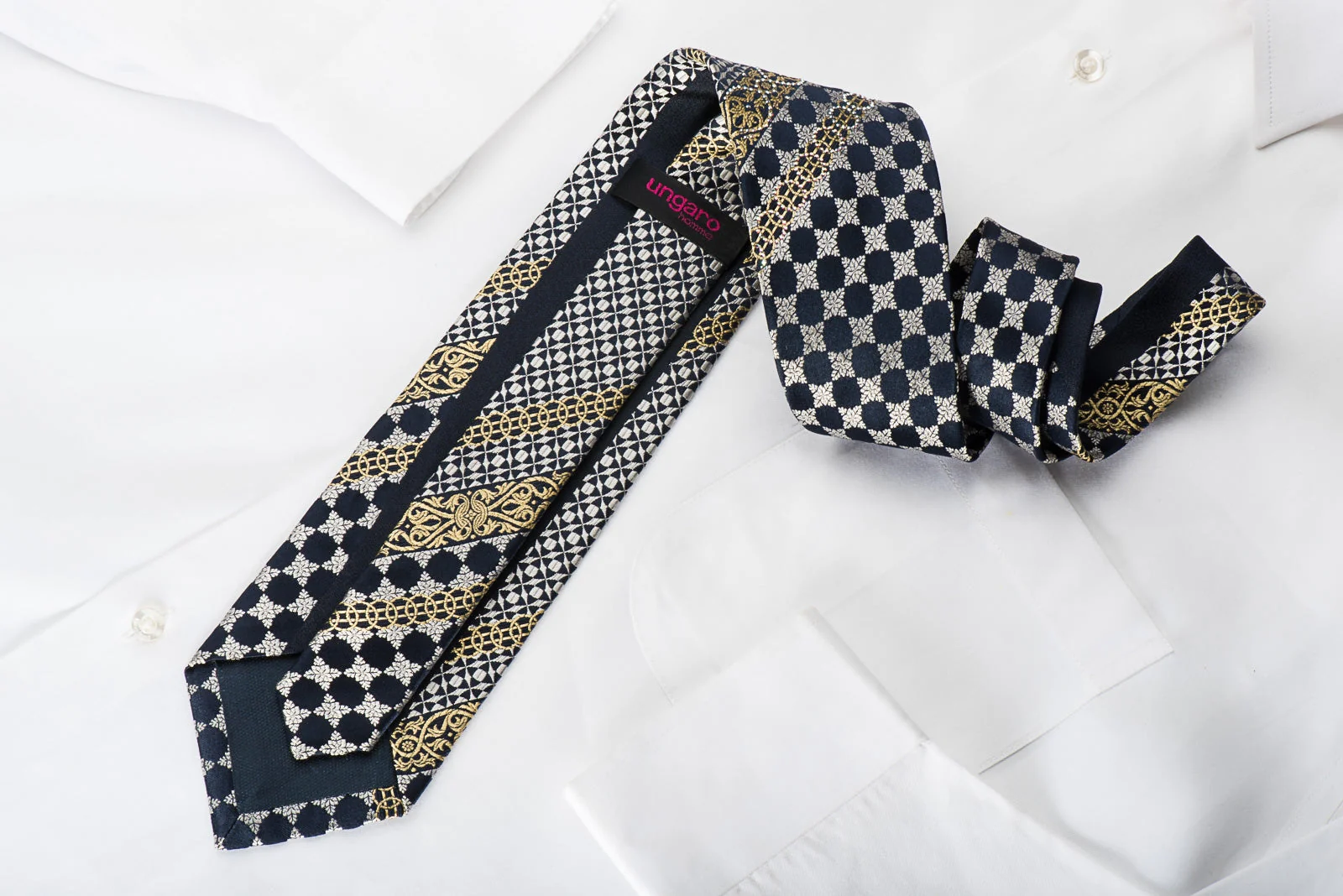 Ungaro Rhinestone Silk Necktie Gold Silver Cartouche On Navy With Gold Silver Sparkles - Image 4