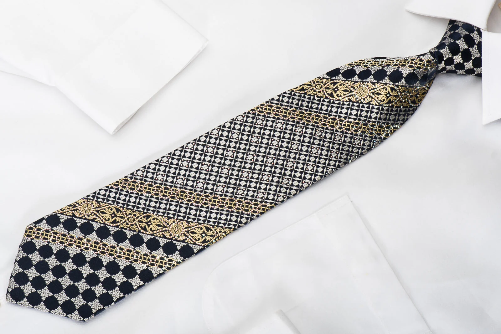 Ungaro Rhinestone Silk Necktie Gold Silver Cartouche On Navy With Gold Silver Sparkles - Image 5