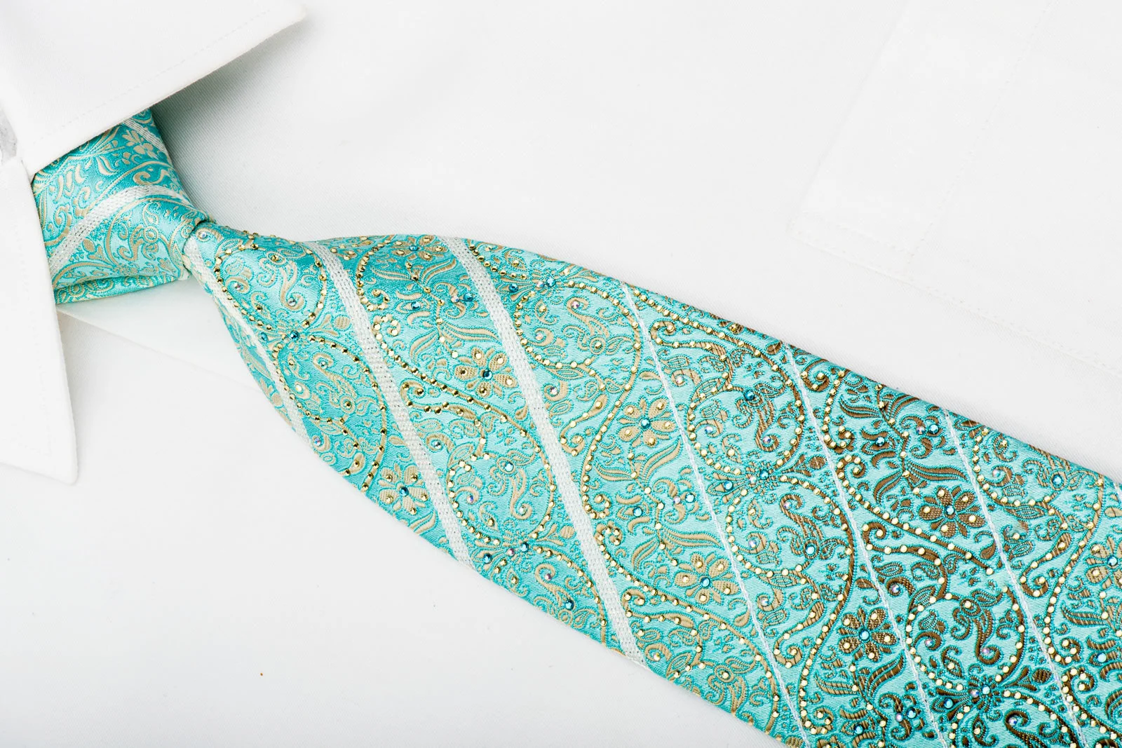 Ungaro Mens Rhinestone Silk Necktie Golden Cartouche On Light Blue With Silver Sparkles - Image 3