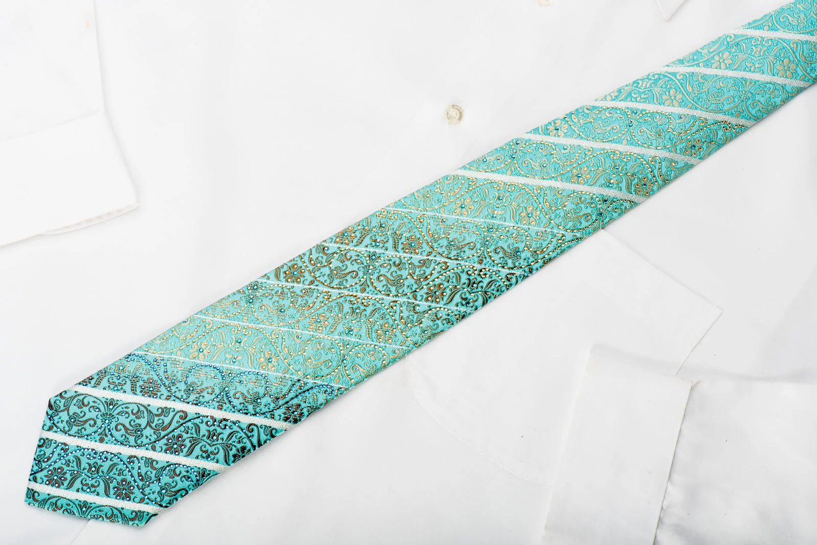 Ungaro Mens Rhinestone Silk Necktie Golden Cartouche On Light Blue With Silver Sparkles - Image 4