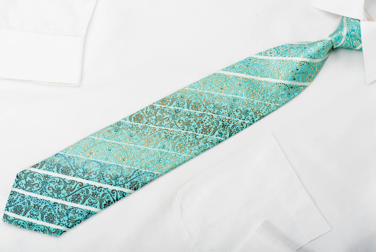 Ungaro Mens Rhinestone Silk Necktie Golden Cartouche On Light Blue With Silver Sparkles - Image 5