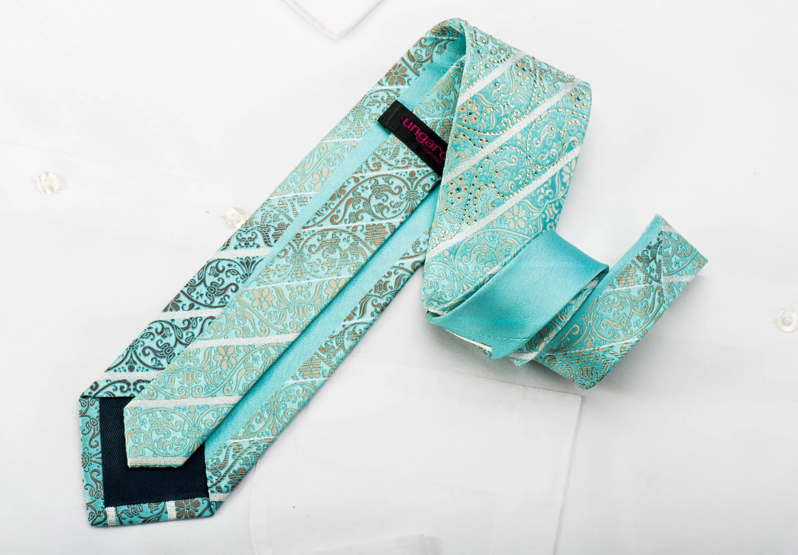Ungaro Mens Rhinestone Silk Necktie Golden Cartouche On Light Blue With Silver Sparkles - Image 6