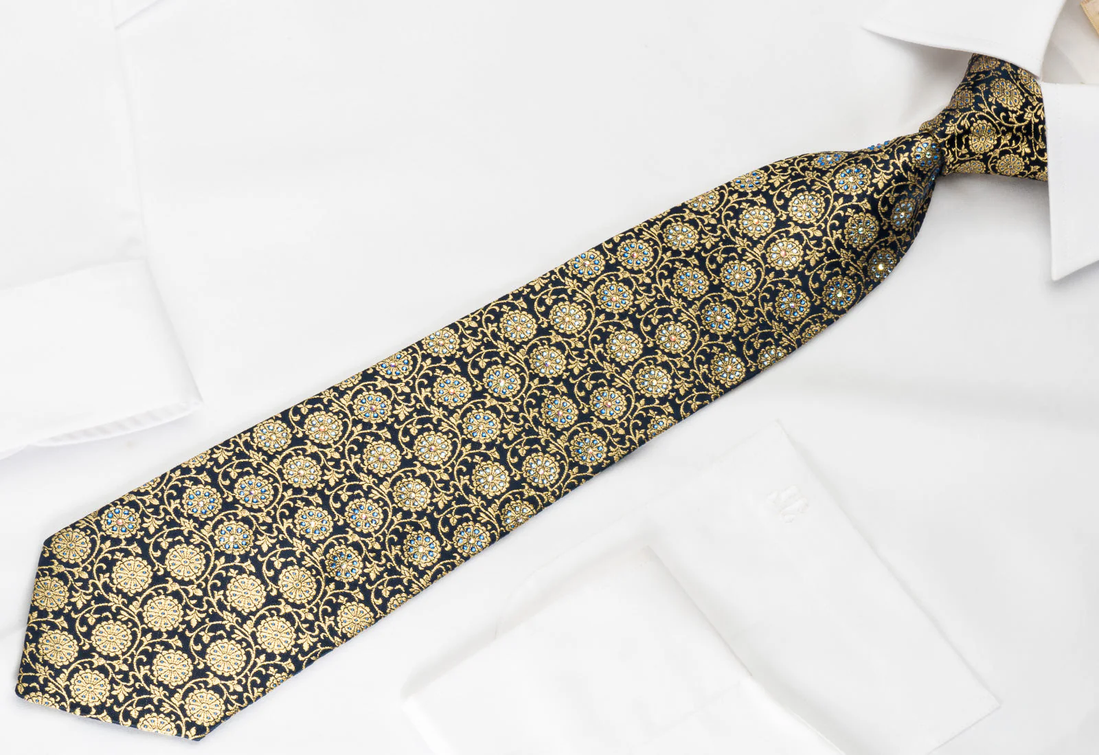 Ungaro Rhinestone Silk Necktie Golden Floral On Navy With Gold Sparkles - Image 3