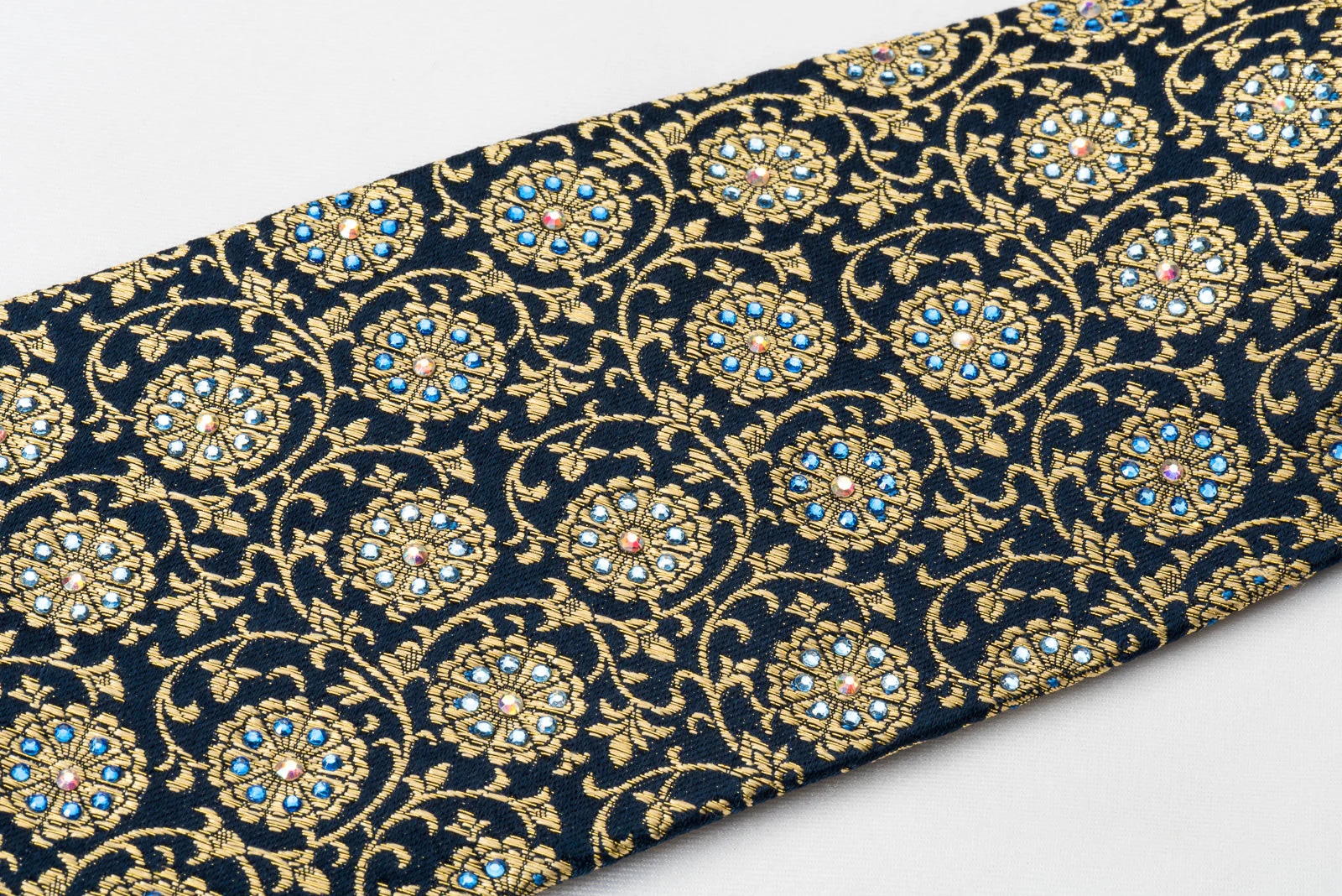 Ungaro Rhinestone Silk Necktie Golden Floral On Navy With Gold Sparkles - Image 6