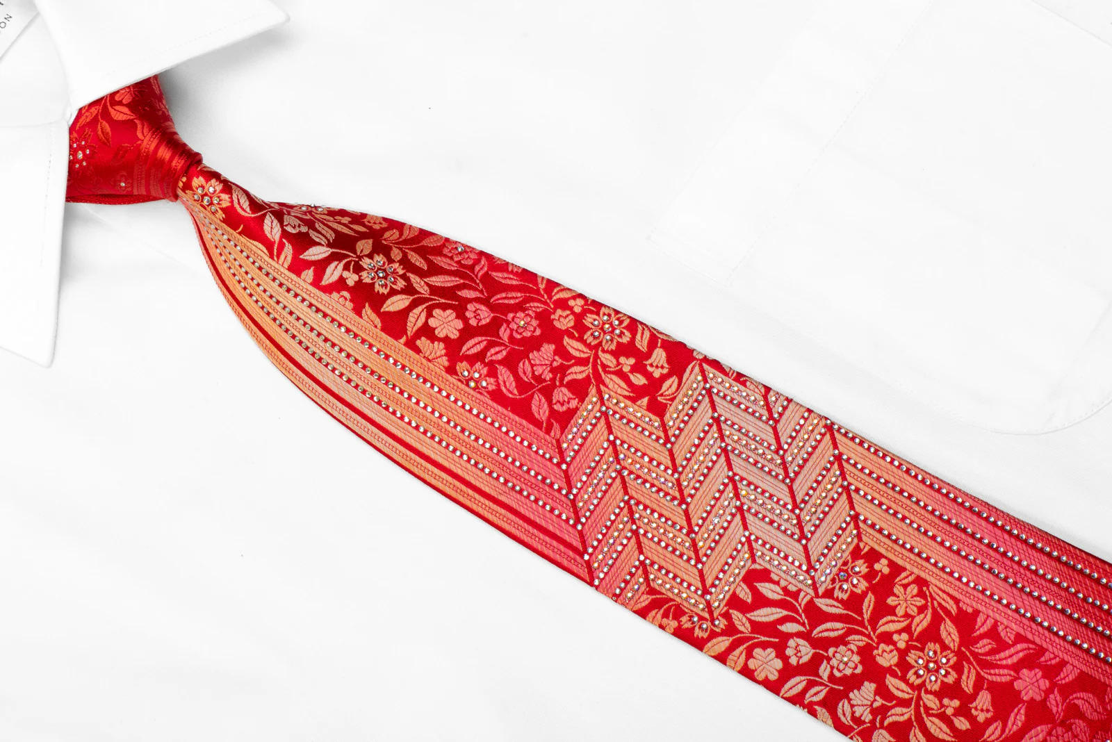 Ungaro Rhinestone Silk Tie Floral Chevron On Red With Sparkles - Image 2