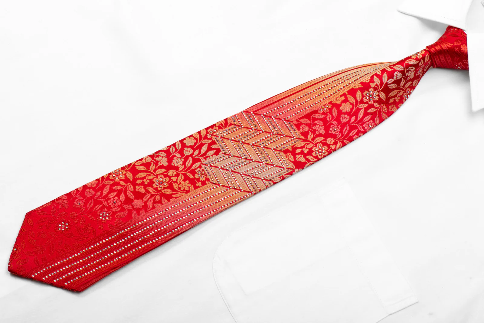 Ungaro Rhinestone Silk Tie Floral Chevron On Red With Sparkles - Image 3