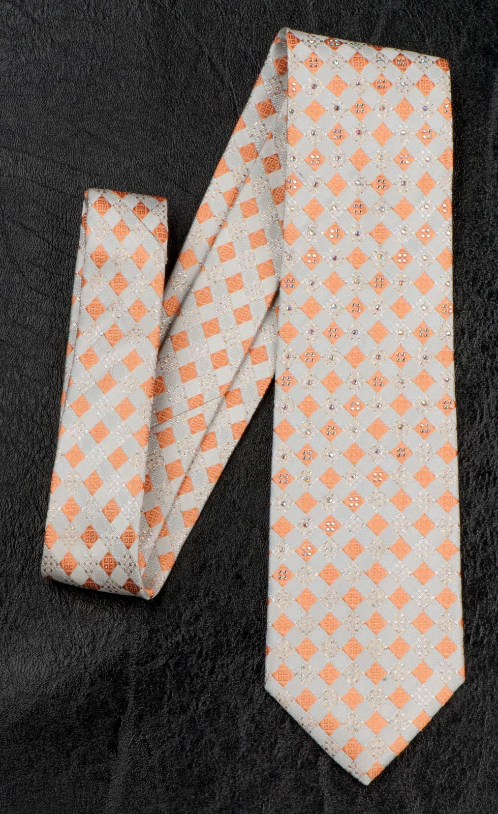 Ungaro Silk Neck Tie Rhinestones On Peach Orange & Cream Chequer 3 1/2 Inch - Image 2