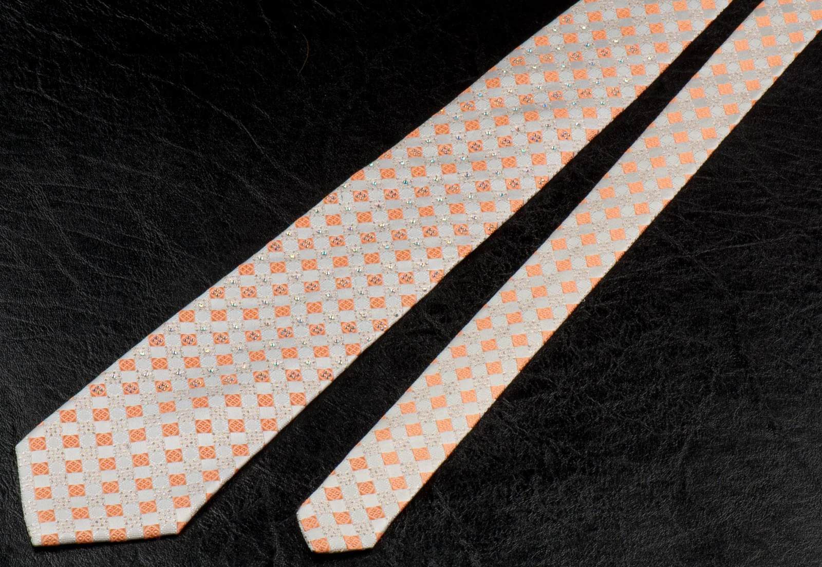 Ungaro Silk Neck Tie Rhinestones On Peach Orange & Cream Chequer 3 1/2 Inch - Image 4