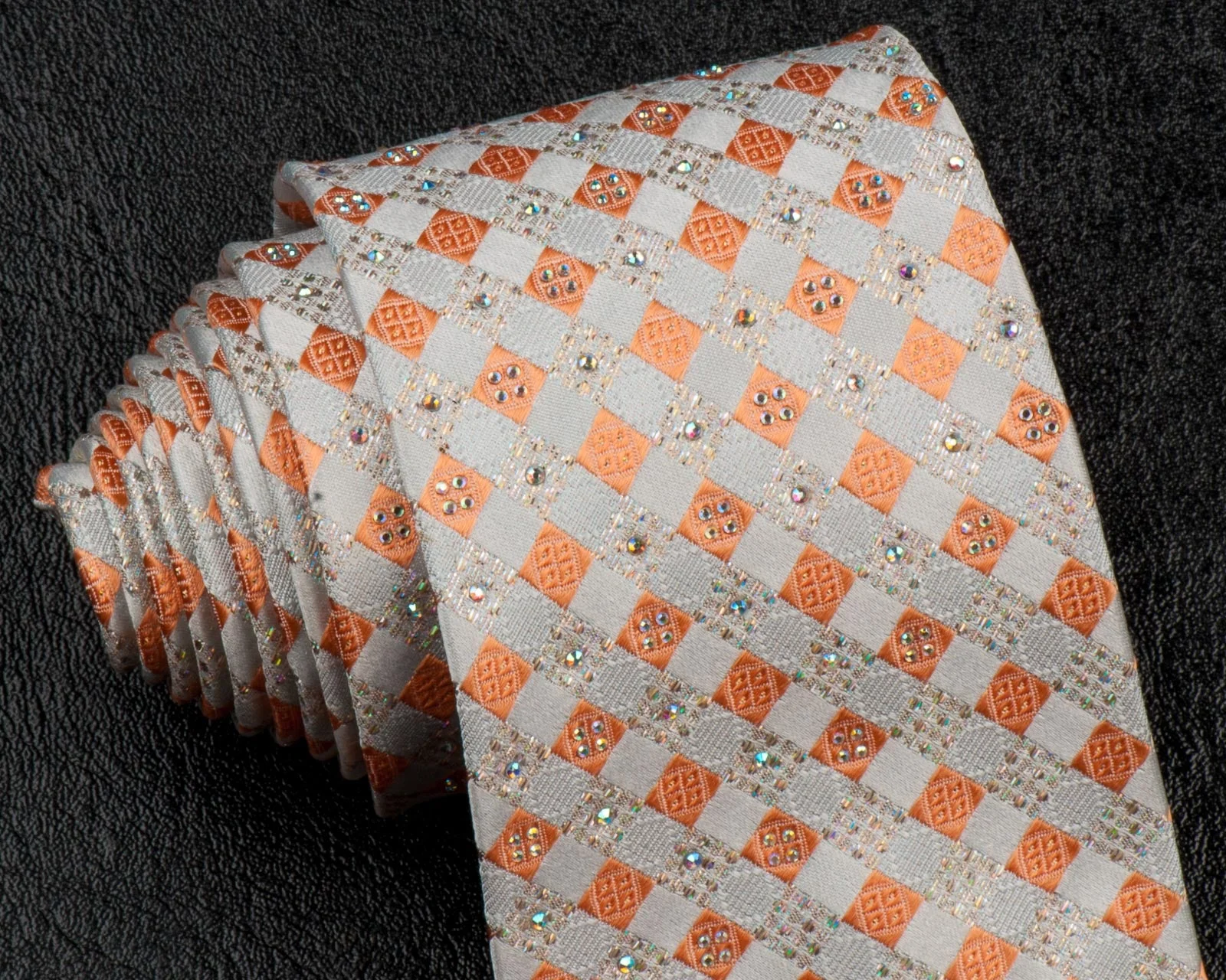 Ungaro Silk Neck Tie Rhinestones On Peach Orange & Cream Chequer 3 1/2 Inch - Image 5
