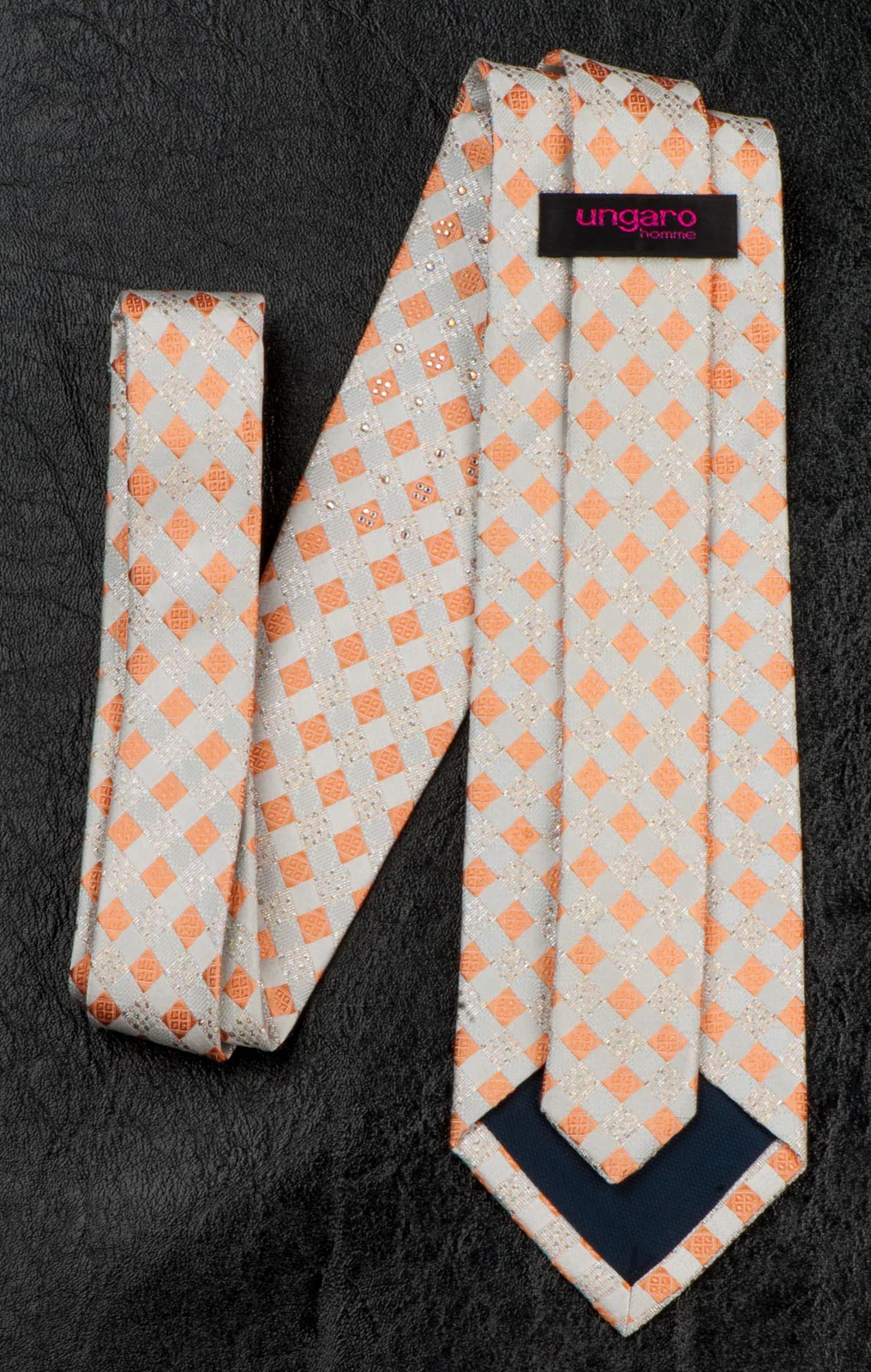 Ungaro Silk Neck Tie Rhinestones On Peach Orange & Cream Chequer 3 1/2 Inch - Image 7
